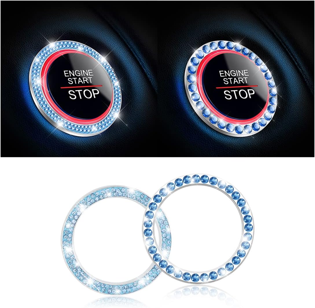 Car Bling Crystal Rhinestone Engine Start Ring Stickers, 1 Single Drainage Drill and 1 Double Drainage Drill Car Start Button Cover, Key Ignition Knob Bling Ring Decals, Bling Car Accessories(Blue)
