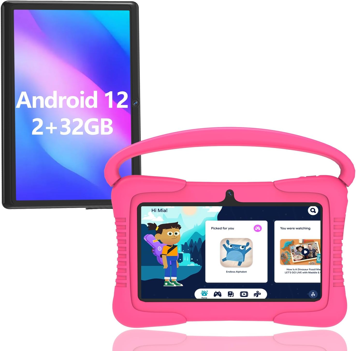 Kids Tablet, 7 Inch Tablet for Kids, Android 12.0 Parental Control Kid Content Tablet, 2GB 32GB(SD to 128GB), Eye Protection Mode, Dual Camera, WiFi, Google Store, Case with Stand, Pink