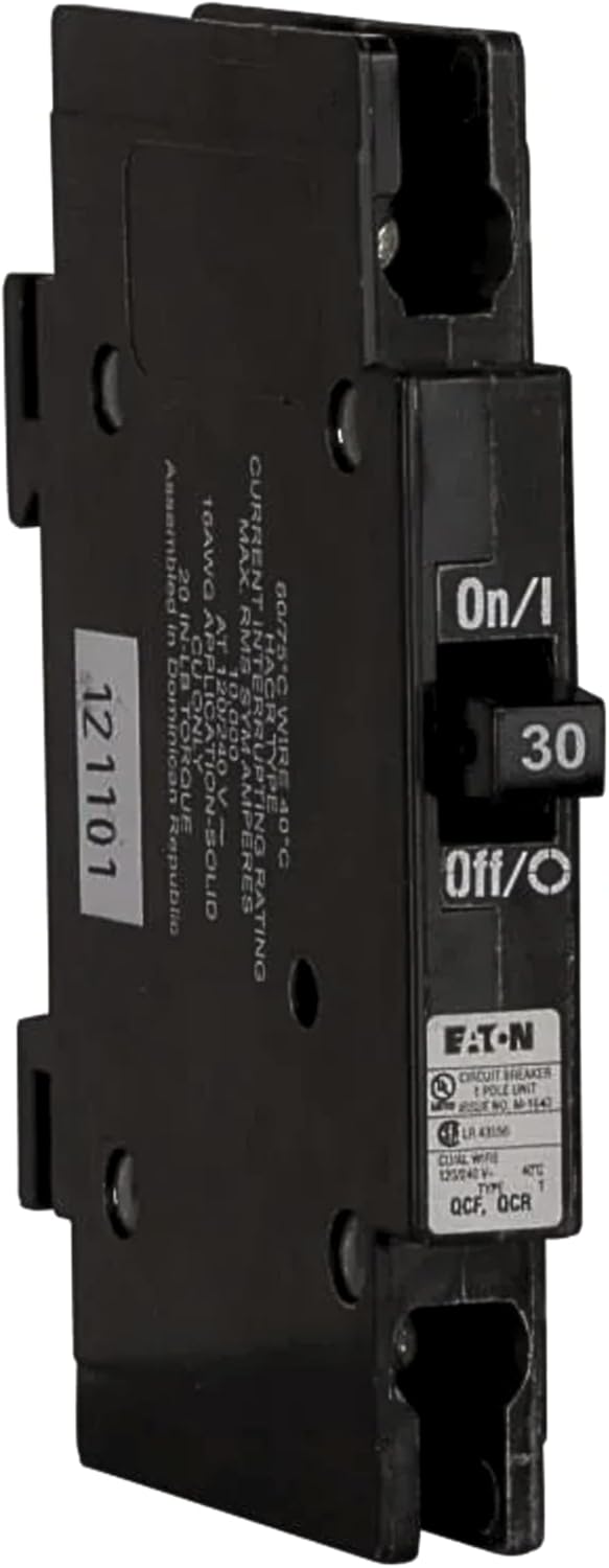 Eaton QCF1030 Circuit Breaker, angled view showing terminals and product labels