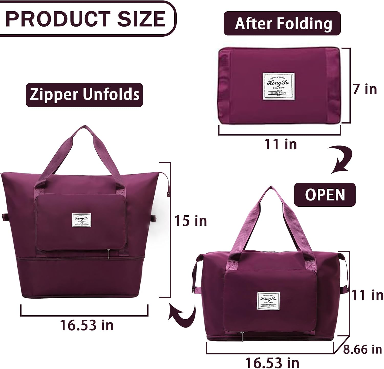 INVODA Travel Bag for Women Expandable Weekender Overnight Bag Carry on Sports Tote Gym Bag Waterproof Foldable Duffel Bag (Fuchsia) image 2