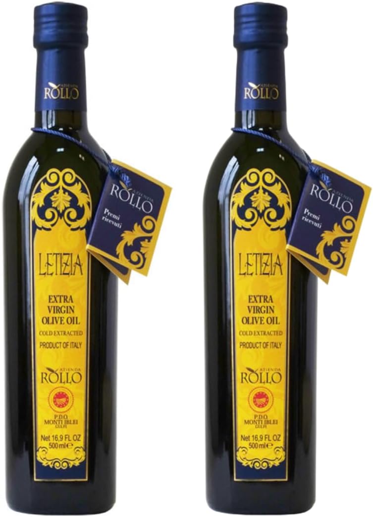 Letizia DOP Monti Iblei Extra Virgin Olive Oil - Authentic Sicilian EVOO (Tonda Iblea) PDO Certified - Award-Winning Intense Fruity Profile - 500ml (16.9 Fl Oz) - Pack of 2