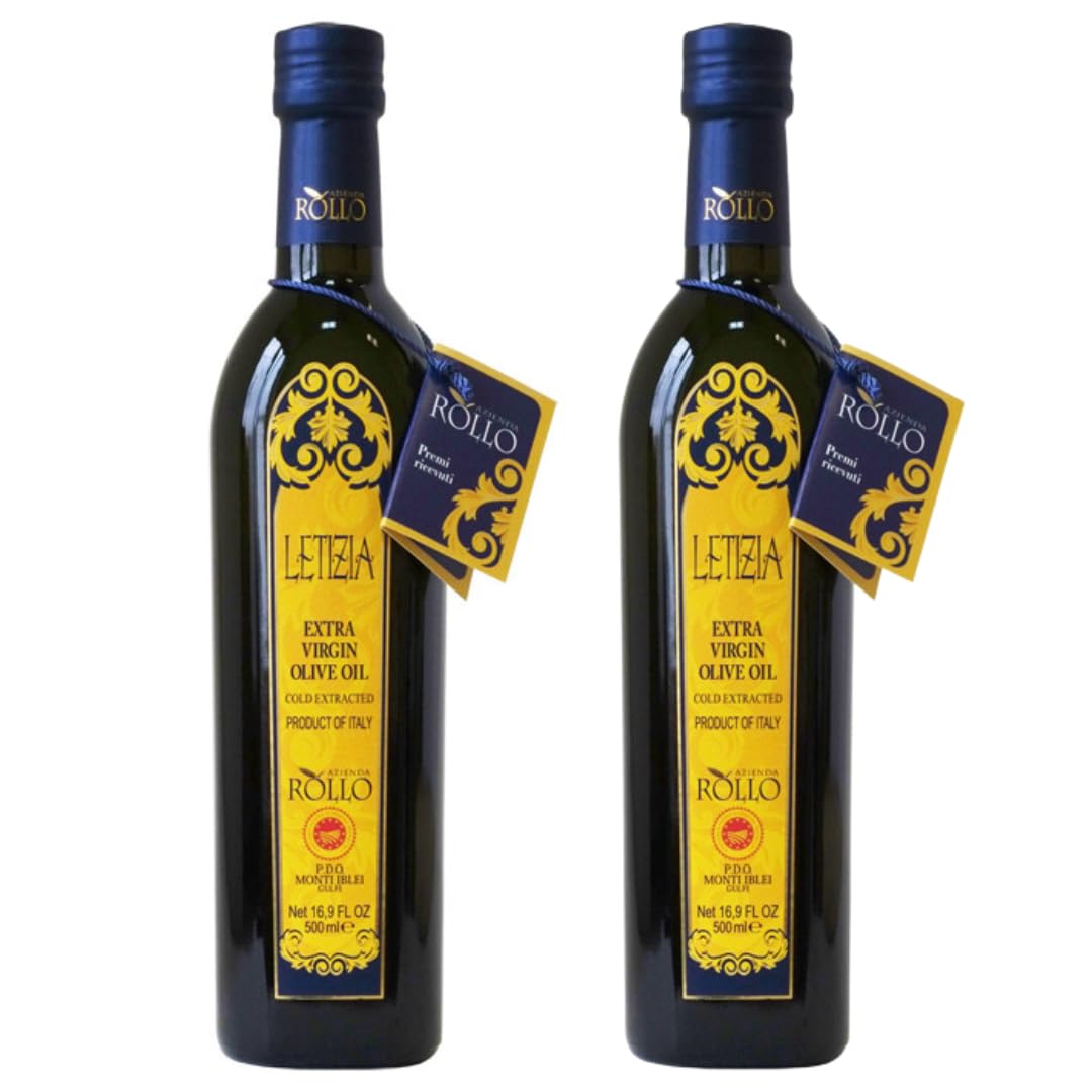 Letizia DOP Monti Iblei Extra Virgin Olive Oil - Authentic Sicilian EVOO (Tonda Iblea) PDO Certified - Award-Winning Intense Fruity Profile - 500ml (16.9 Fl Oz) - Pack of 2