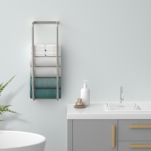 Miniatura 7 de Toallero de baño de acero inoxidable montado en la pared y organizador para toallas enrolladas, ideal para baños pequeños modernos con espacio