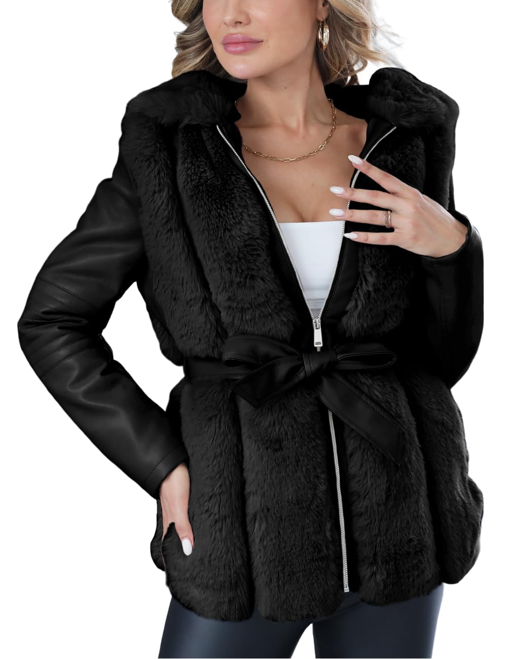 Bellivera Womenu2019s Faux Leather Jacket Moto Biker Sherpa-Lined Coat With Removable Fur Collarblackgray