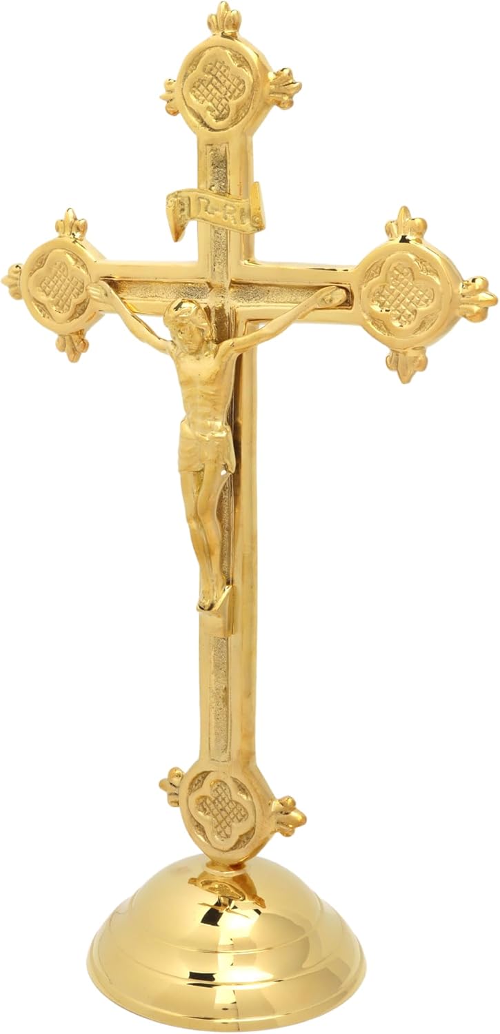 Needzo Brass Catholic Crucifix, Religious Cross for Home and Church, Gift for Baptisms or Confirmation, 12.5 by 7 Inches