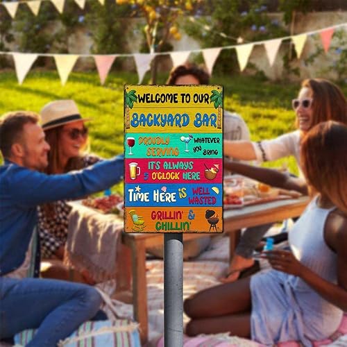 Miniatura 7 de Letreros de metal para decoración de patio trasero, letrero de metal para exteriores, con texto en inglés "Welcome To Our Backyard Bar