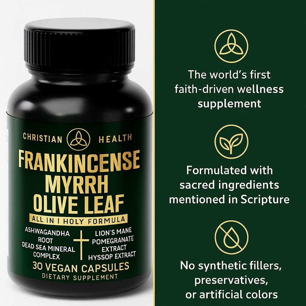 Christian Health Frankincense Myrrh Olive Leaf Capsules – Ashwagandha, Lion’s Mane, Pomegranate, Hyssop & Dead Sea Minerals – Vegan, Non-GMO, GMP Certified Faith-Based Herbal Supplement – 30 Ct - Image 3