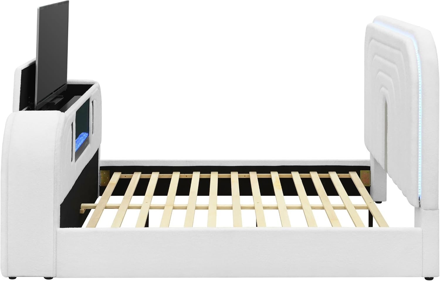Bed Frame with Fireplace and TV Stand - Teddy Fleece Wood Platform Bed with Deep Channel Tufting, Upholstered Sleigh Bed, Boucle Bedframe with Speakers and LED Light for Bedroom Furniture, King