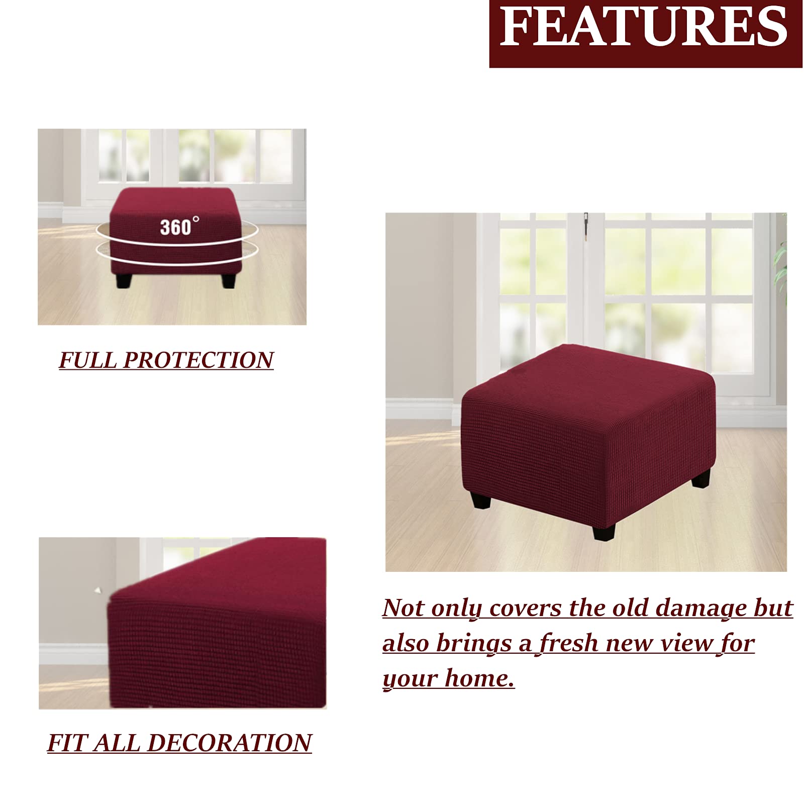 Mifeiwukawa Ottomanen Bezug Burgunderrot 60x60cm - Stretch Hockerabdeckung Karo Muster