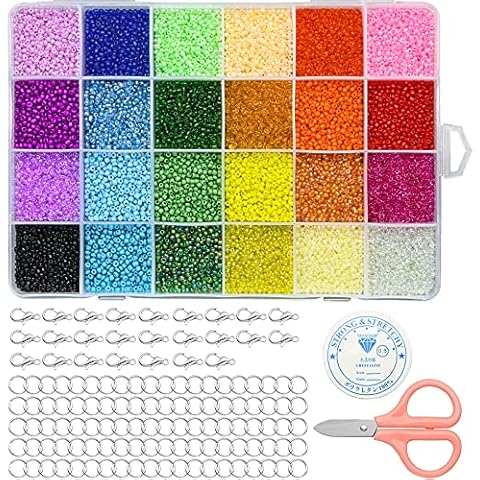 24000pcs Glass Seed Beads, Small Pony Beads Assorted Kit Opaque Colors Seed Beads with Scissors Lobster Clasps String Cord for Jewelry Making DIY Bracelet Necklaces Finding Art Craft, 2mm Round Cover
