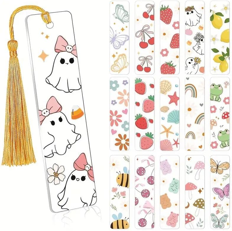 36 pcs UV DTF Bookmark Transfer Papers – UV DTF Decals for DIY Acrylic Bookmarks, Matte Finish and Tassel Designs, Perfect for Book Lovers (Cute Cartoon Fruit & Ghost)