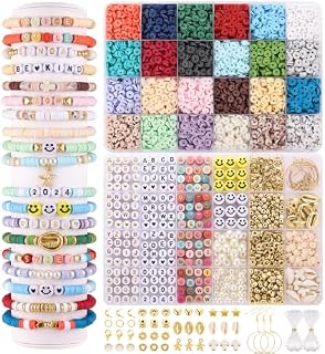 Funtopia Clay Beads for Bracelet Making Kit, 24 Colors 7175 Pcs Polymer Clay Beads Kit Heishi Flat Clay Beads with Wooden Beads Letter Beads Crossing Charms for Jewelry Making for Adults Girls