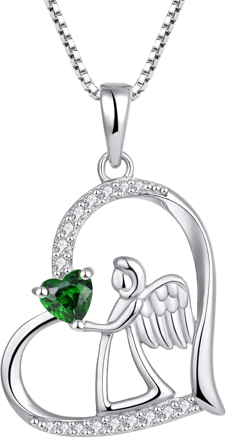 FJ Heart Guardian Angel Necklace 925 Sterling Silver Angel Wing Pendant Birthstone Jewelry for Women