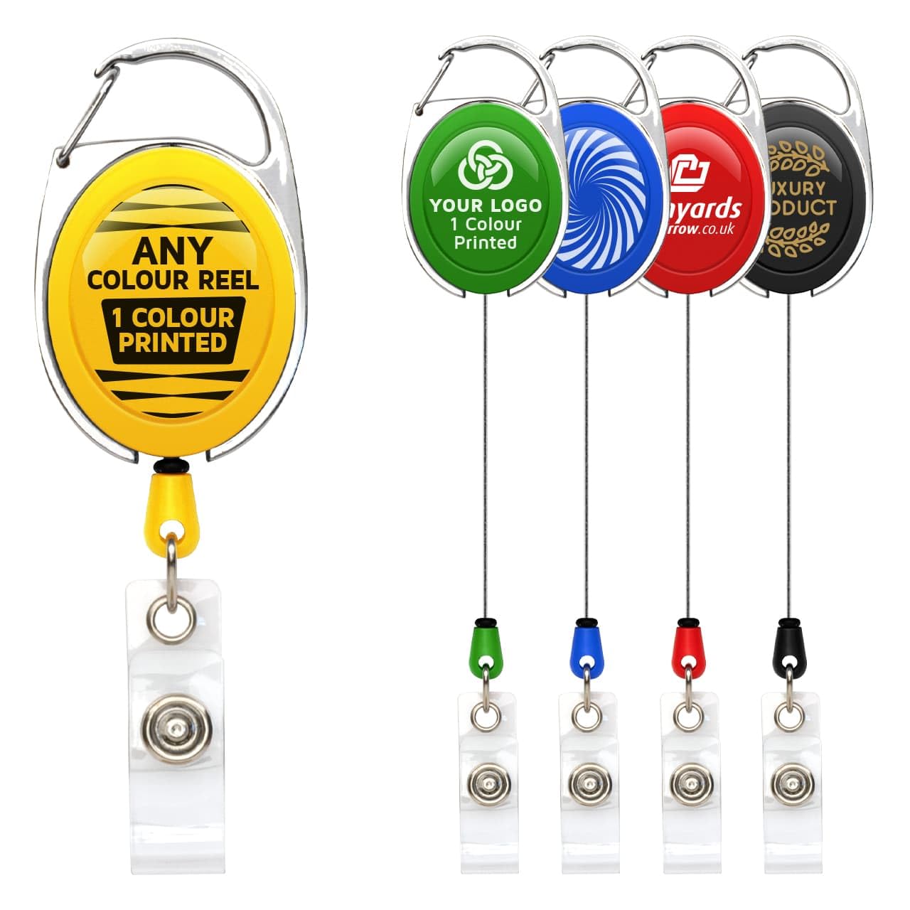100 x spersonalizowany wysuwany klips do paska z karabińczykiem Yoyo od smyczy, 1 kolorowy nadruk, zaprojektuj swój własny wysuwany uchwyt na identyfikator, metal, plastikowe logo ADD i tekst
