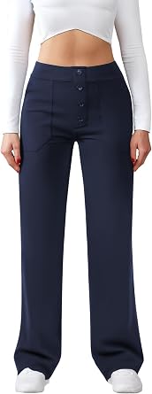 JEKAOYI Womens Casual High Waist Straight Leg Pants Stretchy Button Business Dress Work Pocket Trousers
