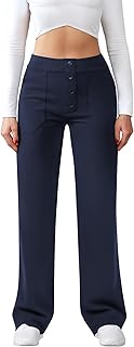 Womens Casual High Waist Straight Leg Pants Stretchy Button Business Dress Work Pocket Trousers - Buy now