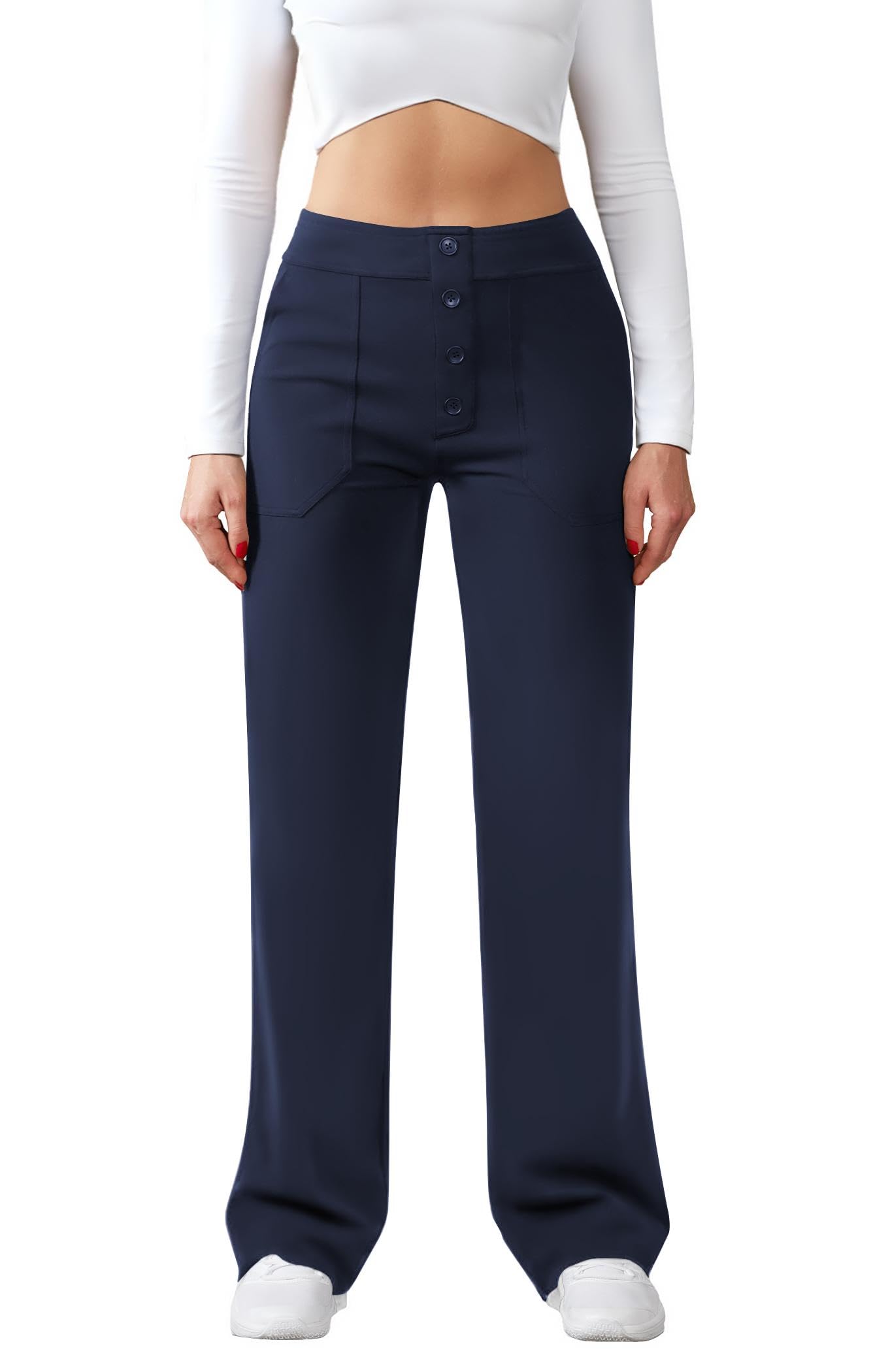JEKAOYI Womens Casual High Waist Straight Leg Pants Stretchy Button Business Dress Work Pocket Trousers