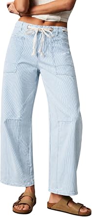 Kedera Stretchy Striped Denim Drawstring Pants for Women Sailor Barrel Eyelet Jeans Y2K Denim Stripe