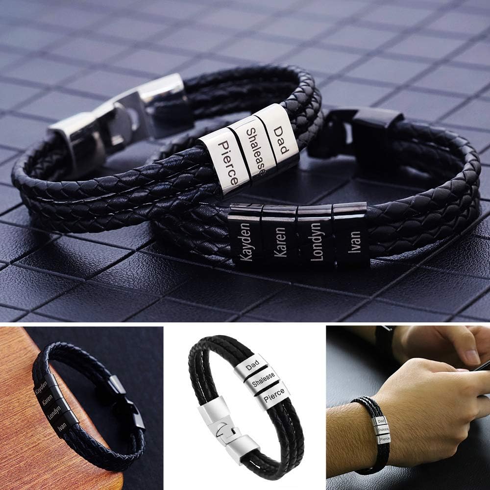 Personalized Mens Braid Leather Bracelets with Custom Names Engraved Name Bracelet Personalized for Men Women Personalized Fathers Bracelet for Christmas (4 beads)