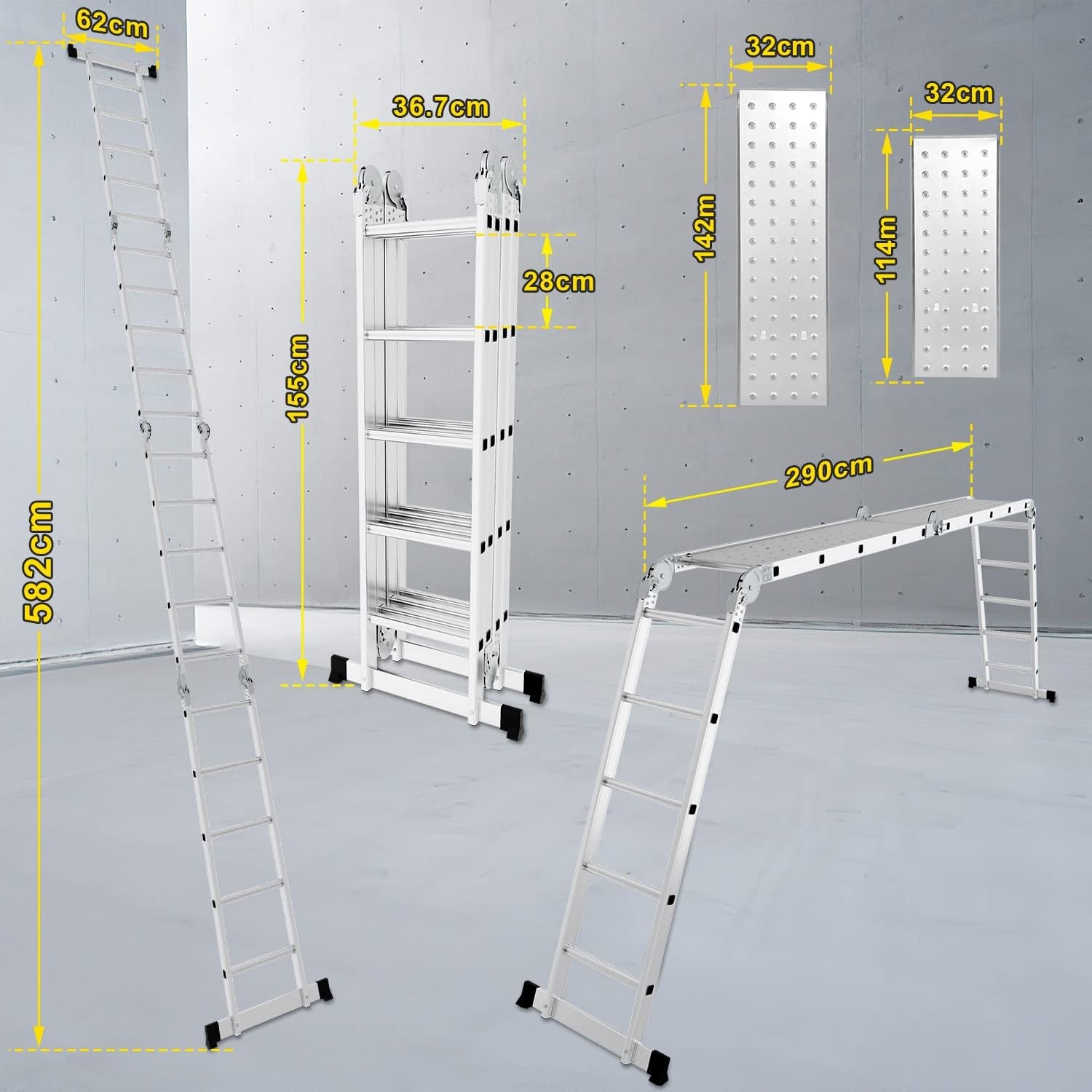 Herrselsam Échelle multifonction 4 x 5, 7 en 1 - 582 cm - En aluminium - Avec 2 plateformes et roues - Charge maximale : 150 kg - Échelle multifonction 20 échelons DY8973-M-1x