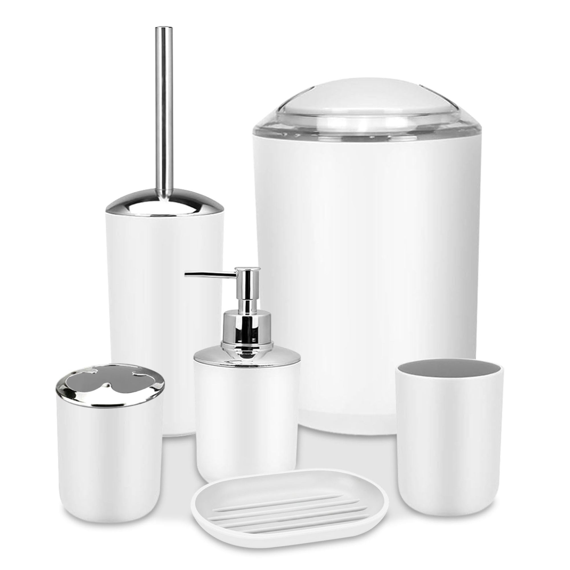 VELVETIO 6 Piece Bathroom Accessories Set, Soap Dispenser, Toothbrush Holder, Tumbler Cup, Soap Dish, Toilet Brush & Bin, Modern Plastic Bathroom Set, White