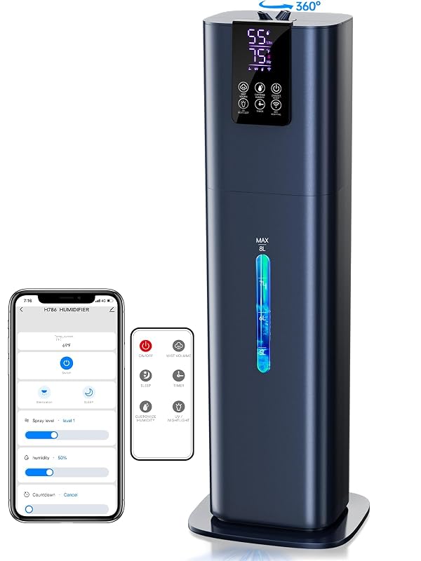 Hiswelle 8L Smart Humidifiers for Bedroom Large Room, 2.1Gal Cool Mist Top Fill Diffuser Ambient Light, App & Remote Control, 3 Mist Modes, Quiet Humidifier for Home Office Plant by Hiswelle - Used condition - US$51.68