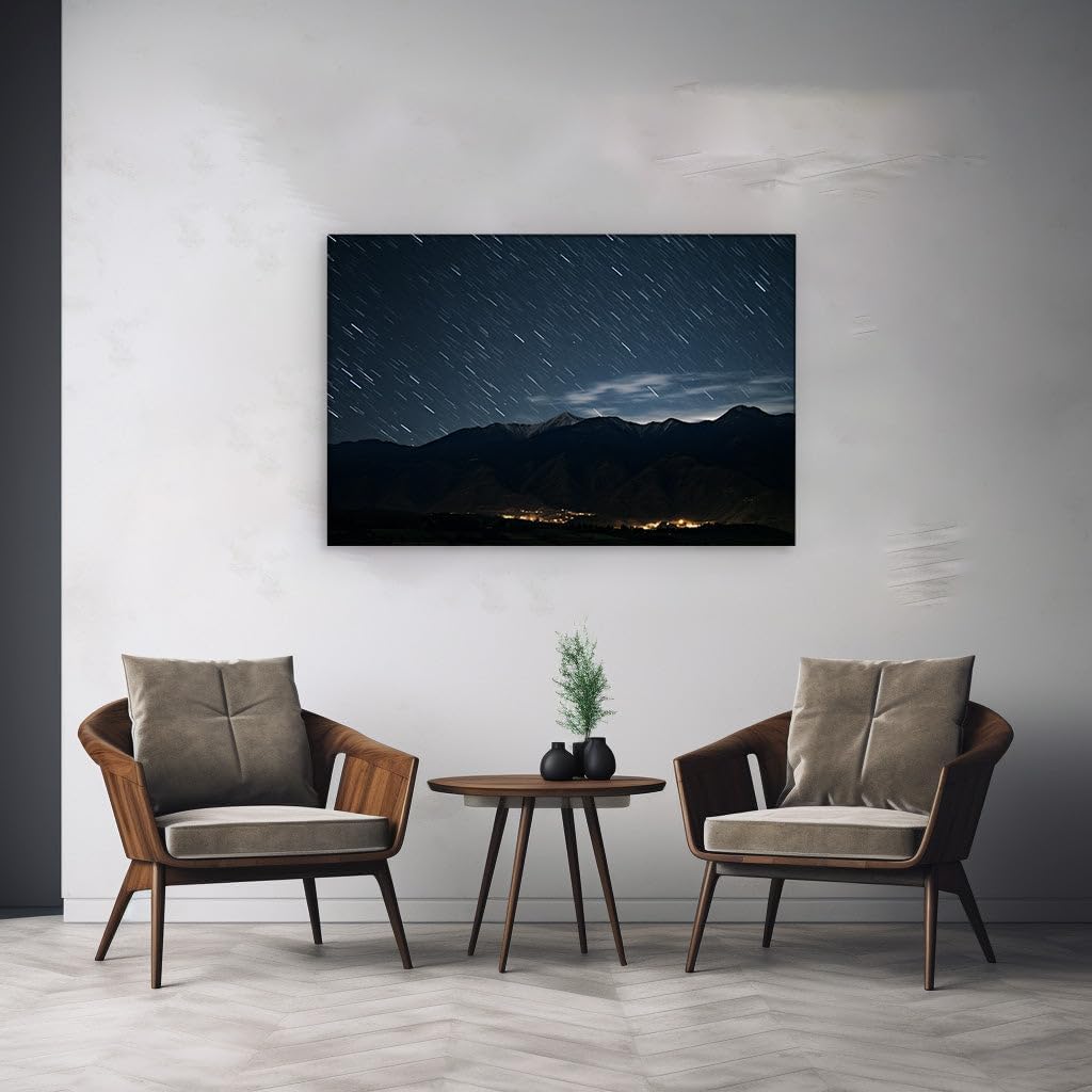 Canvas for Living room. Starry Skies and Twinkling Lights: A Village's Nocturnal Symphony Against the Mountain's Silhouette, 27 x 18 inch Canvas Wall Art - Surrealistic Visions - Modern Home Decor