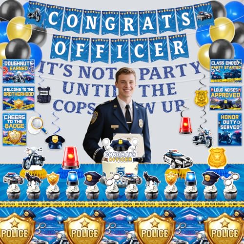 Mpanwen Police Party Decorations, Police Academy Graduation Themed Party Decor Supplies - Banner, Balloons, Cake Toppers, Tablecloth, Centerpieces, Hanging Swirls, Wall Signs by Mpanwen - Used condition - Image 7