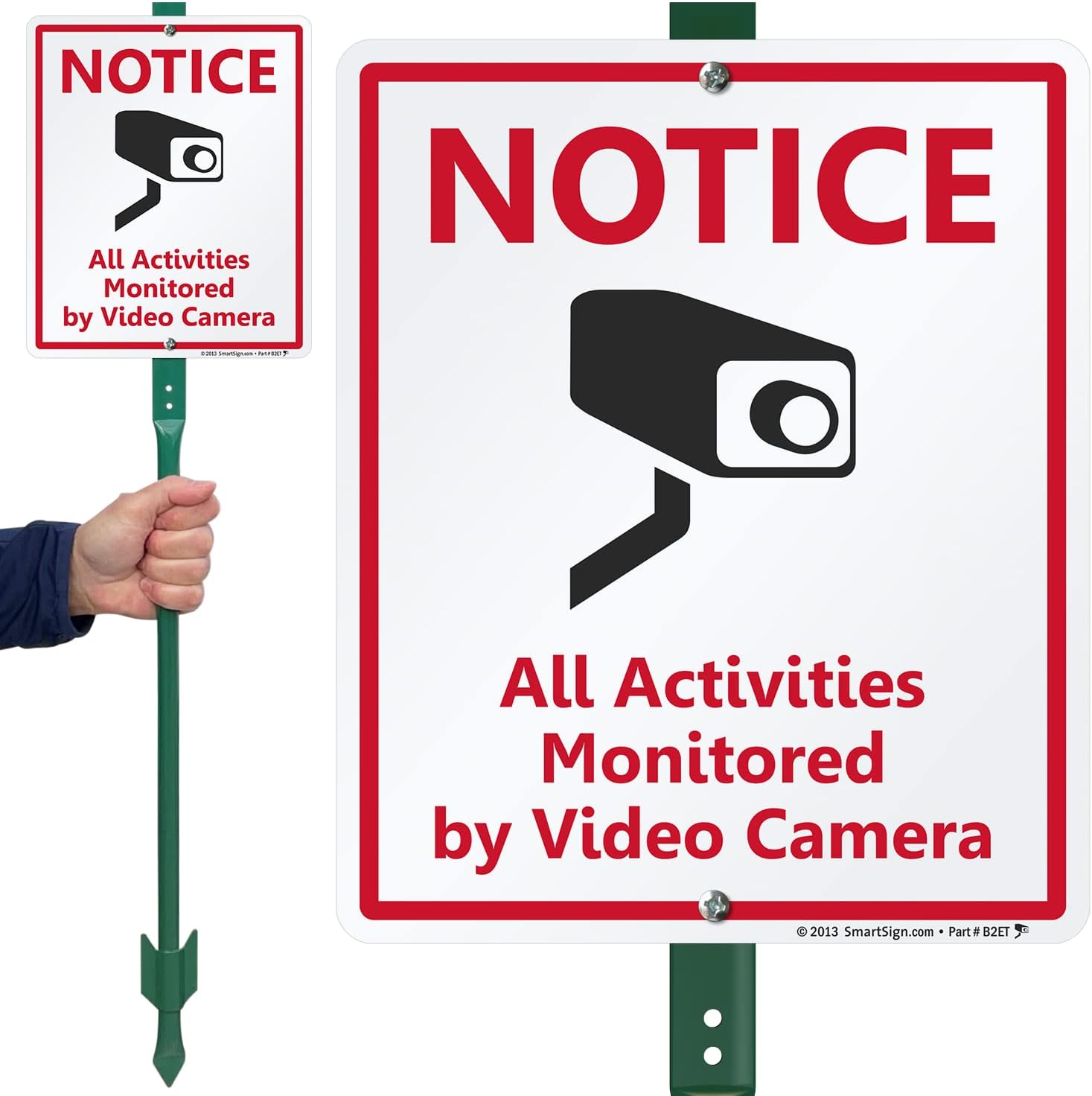 SmartSign 12 x 10 inch “Notice - All Activities Monitored By Video Camera” LawnBoss Yard Sign with 3 foot Stake, 40 mil Laminated Rustproof Aluminum, Red, Black and White, Set of 1