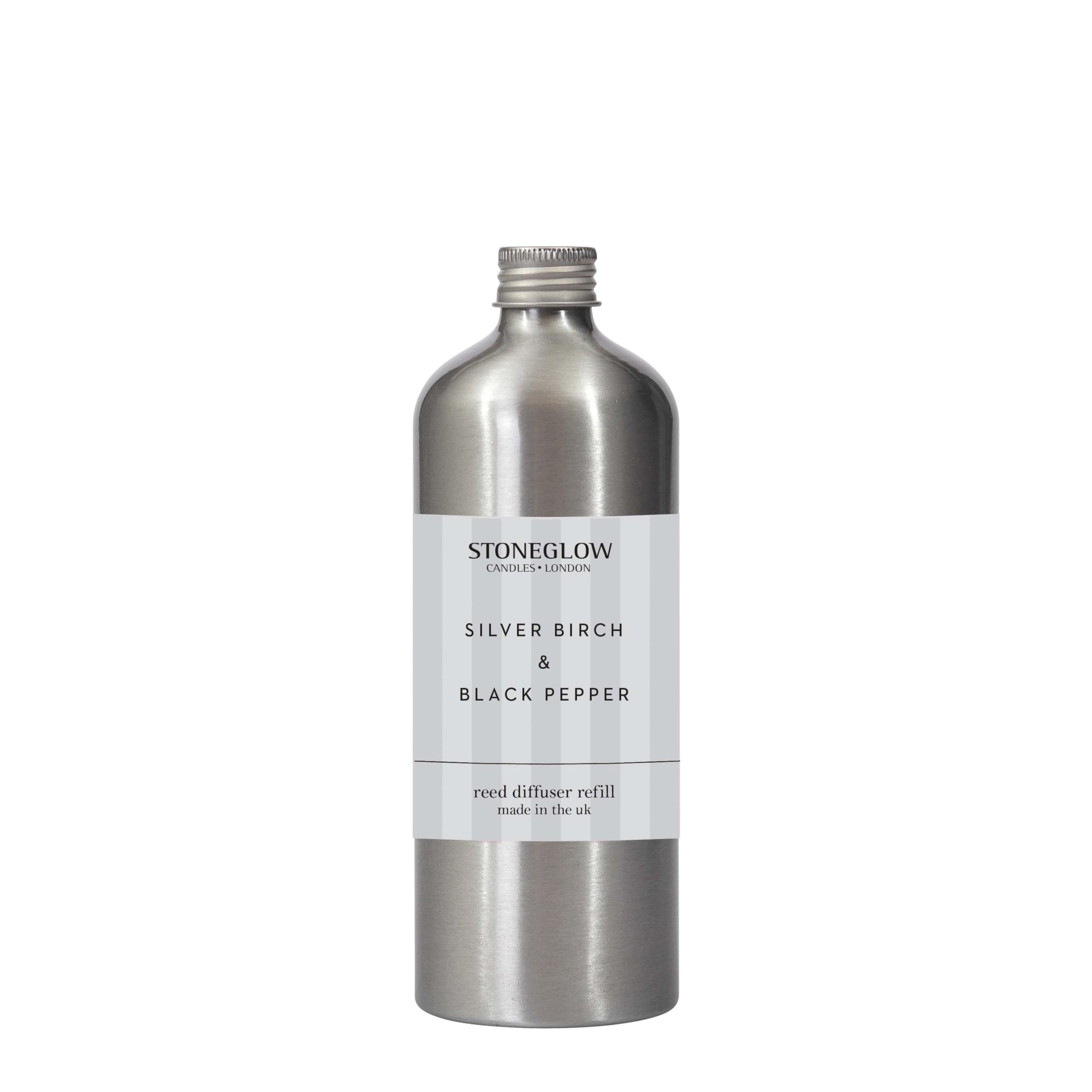 Stoneglow Modern Classics Collection - Silver Birch & Black Pepper 500ml Scented Reed Diffuser Refill (Grey)