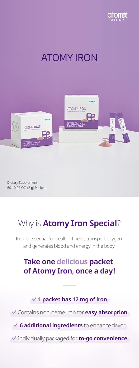 A.T.O.M.Y. Iron Blueberry Flavored Non-heme Iron 60 Packets of 0.07 oz