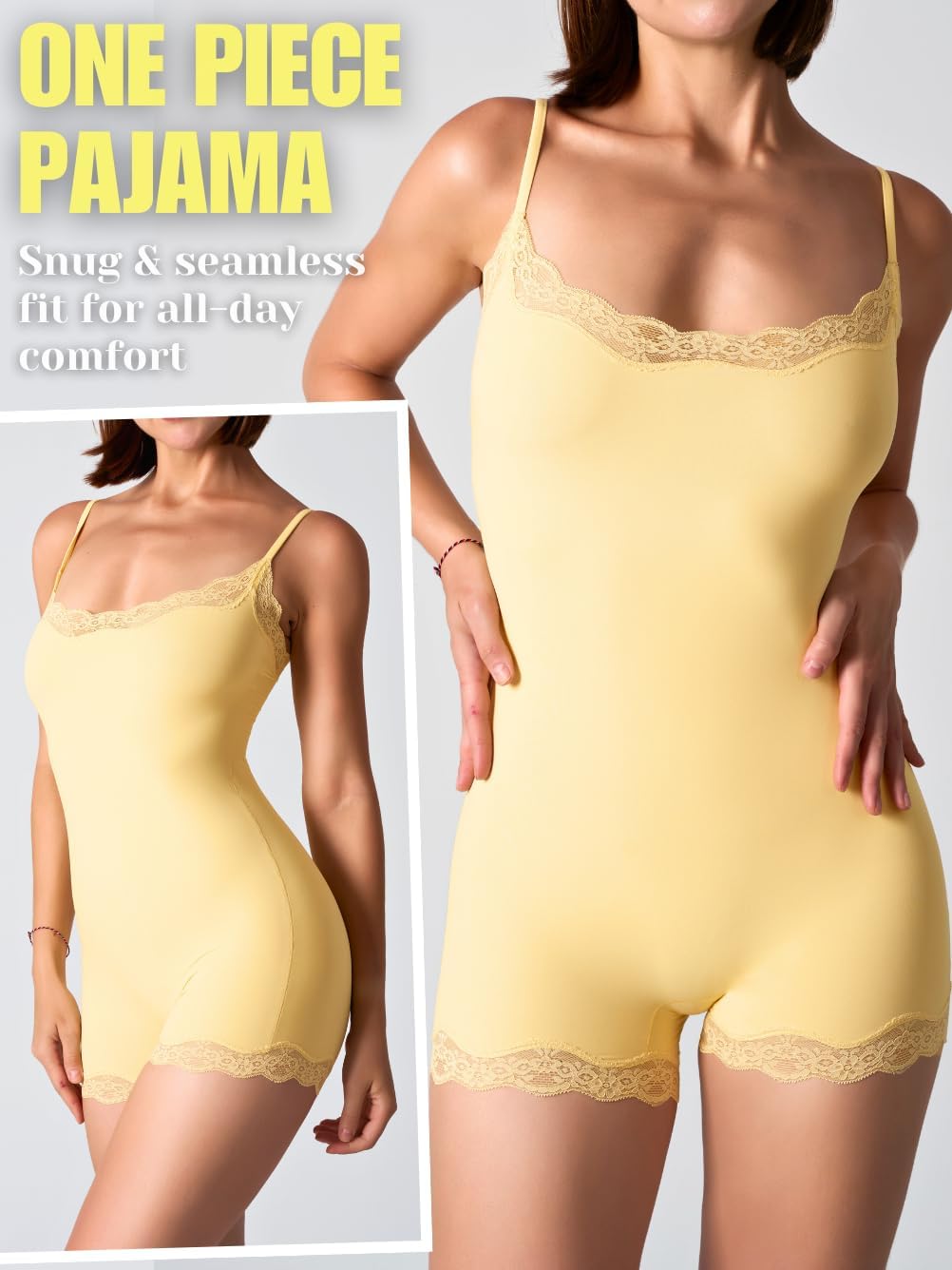 Women's Trendy & Ultra Soft Shorts Romper, Lace Trim Spaghetti Bodysuit Top from Lounge to Going Out (Fits 0-12) - Image 2