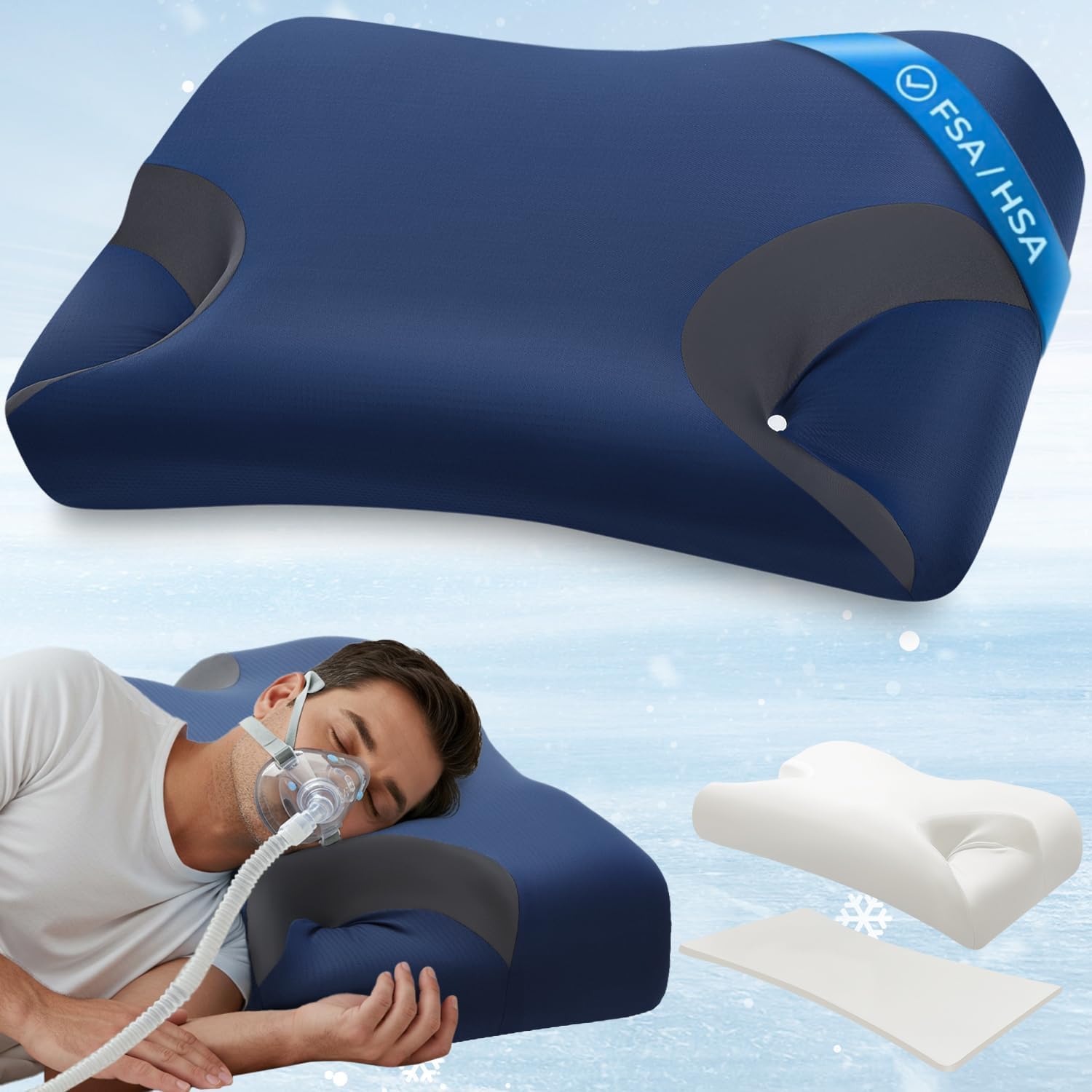 HSA/FSA Adjustable CPAP Pillow for Side &amp; Back Sleepers–Reduce Mask Air Leaks &amp; Pressure,Cervical Memory Foam Neck Support with 2cm Removable Insert,Cooling Washable Cover–Fits Full Face &amp; Nasal Masks