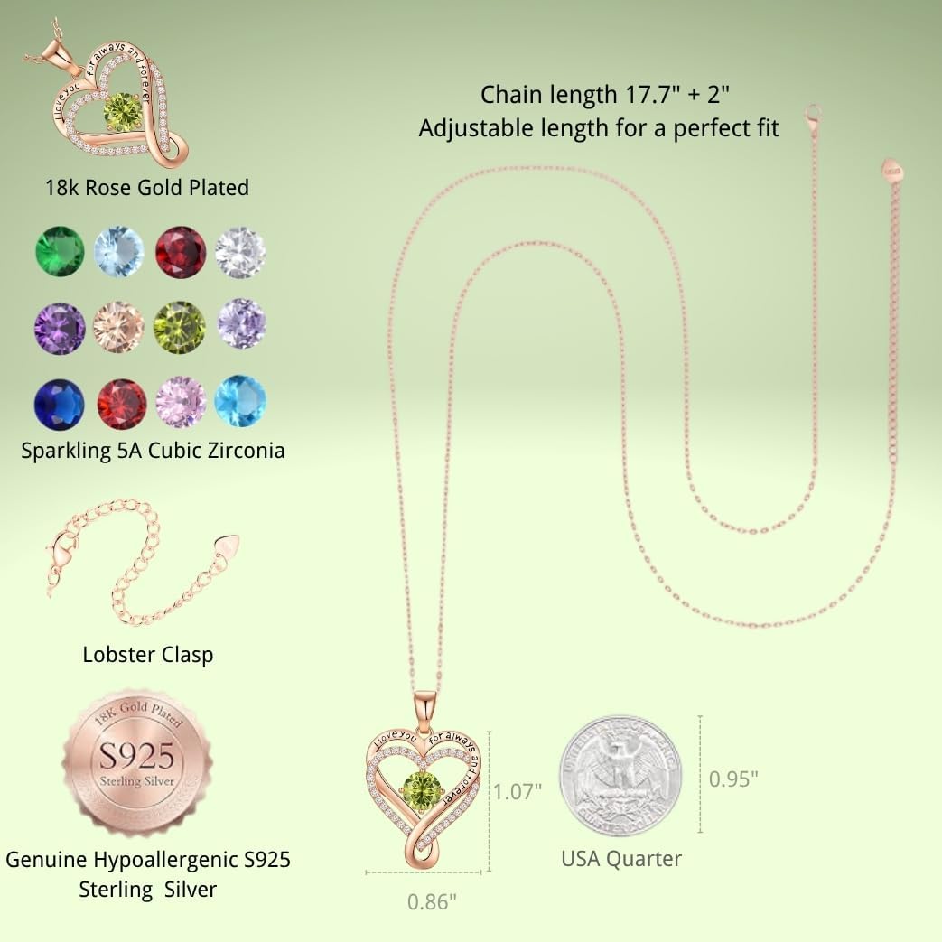 Birthstone Infinity Heart Necklace for Women, S925 Sterling Silver Rose Gold Pendant, Jewelry Gift for Wife, Girlfriend, Mom, Daughter, Anniversary Birthday Valentine’s Day - Image 4