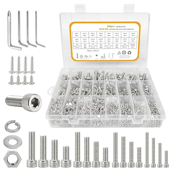 Serplex 890Pcs M6 M5 M4 M3 Metric Screw Assortment, Metric Bolts and Nuts Kit with Lock&Flat washers, Wrenches 304 Stainless Steel Hex Head Metric Screws Assortment Set