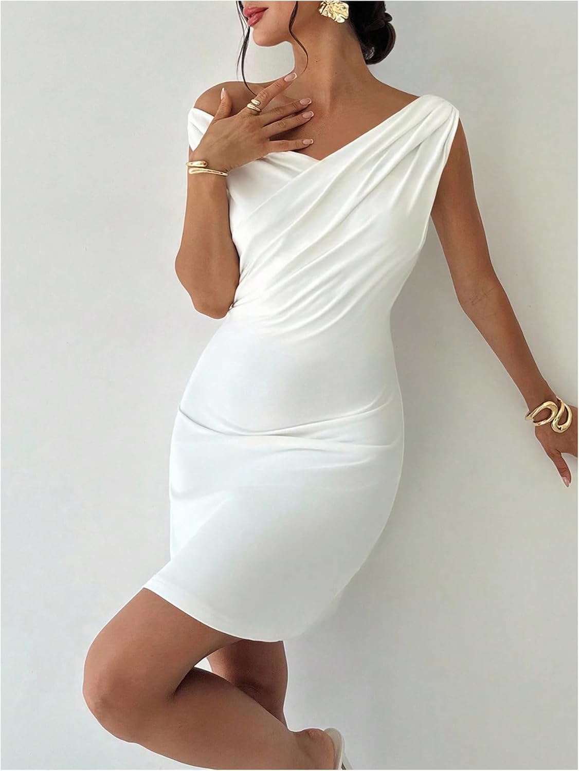 GORGLITTER Women's Sexy Off The Shoulder Bodycon Mini Dress Sleeveless Ruched Birthday Cocktail Party Pencil Short Dress - Image 5