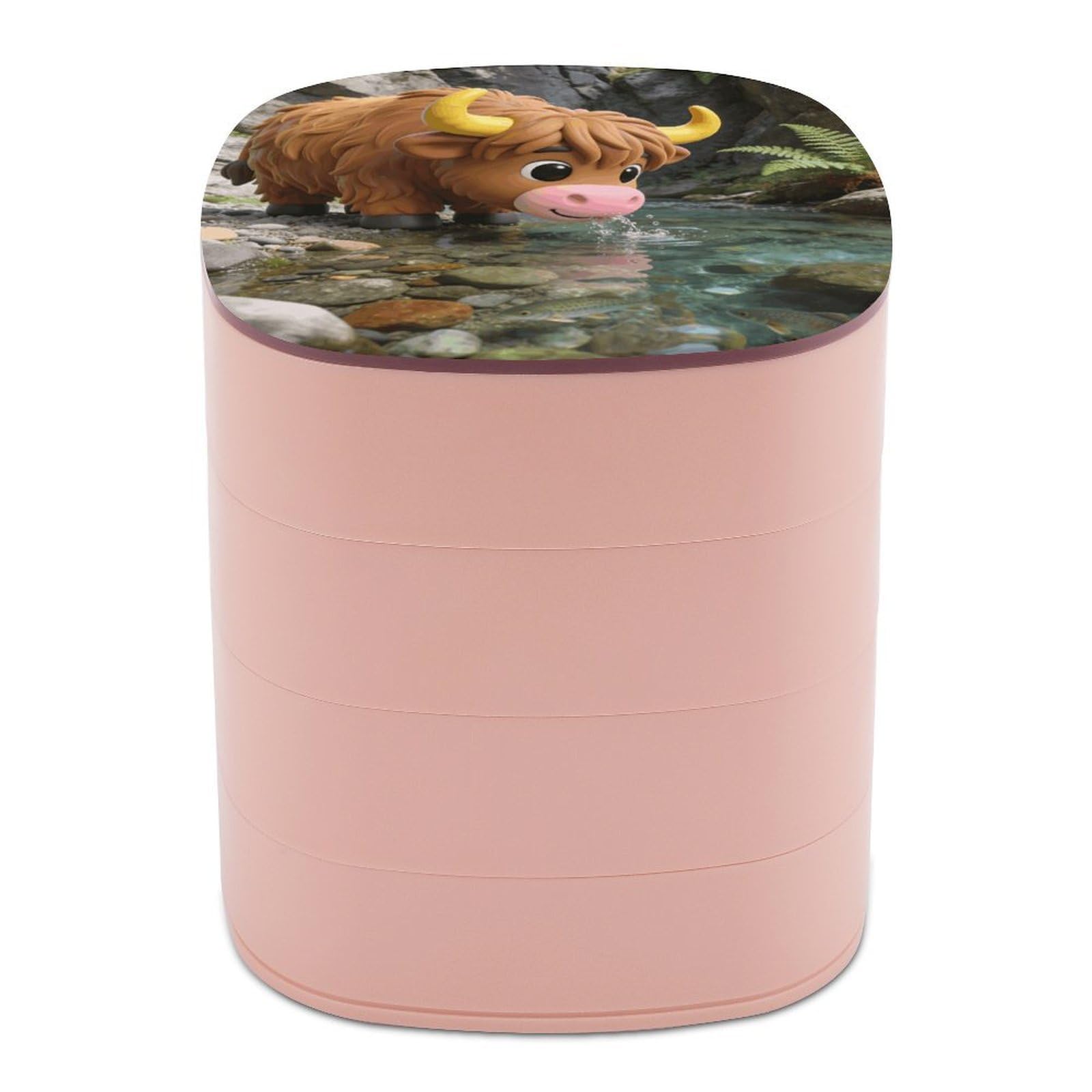 VstaDank Highland Cow Jewelry Box 360° Rotatable Jewelry Organizer 4 Layers Jewelry Case with Lid Fashion Portable Earring Holder for Bracelets Rings Bracelets Vanity