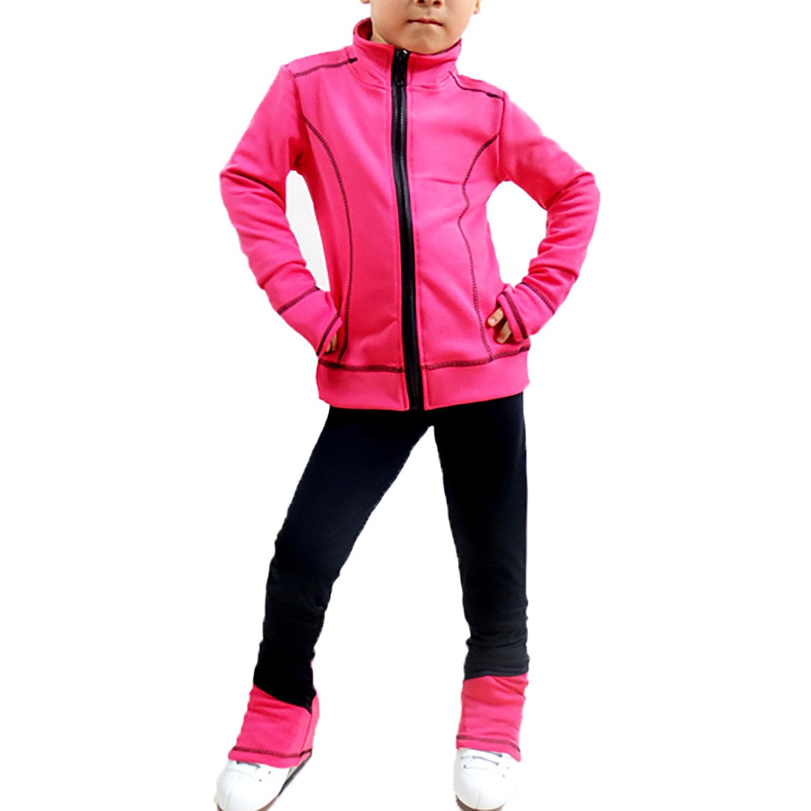 Chaqueta de Patinaje Artístico con Pantalones Niñas Mujeres Pantalones de Entrenamiento Patinaje sobre Hielo Respirable(Size:XXL,Color:Rosa Roja)