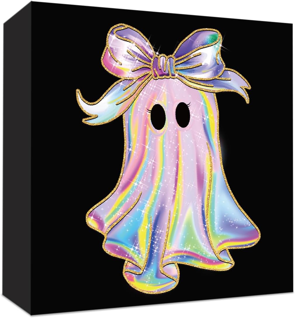Halloween Cute Iridescent Ghost Table Decorations Indoor Halloween Party Decorations Vintage Coquette Bow Spooky Home Decor Gifts Rustic Wooden Box Sign for Girly Bedroom Office Living Room Shelf