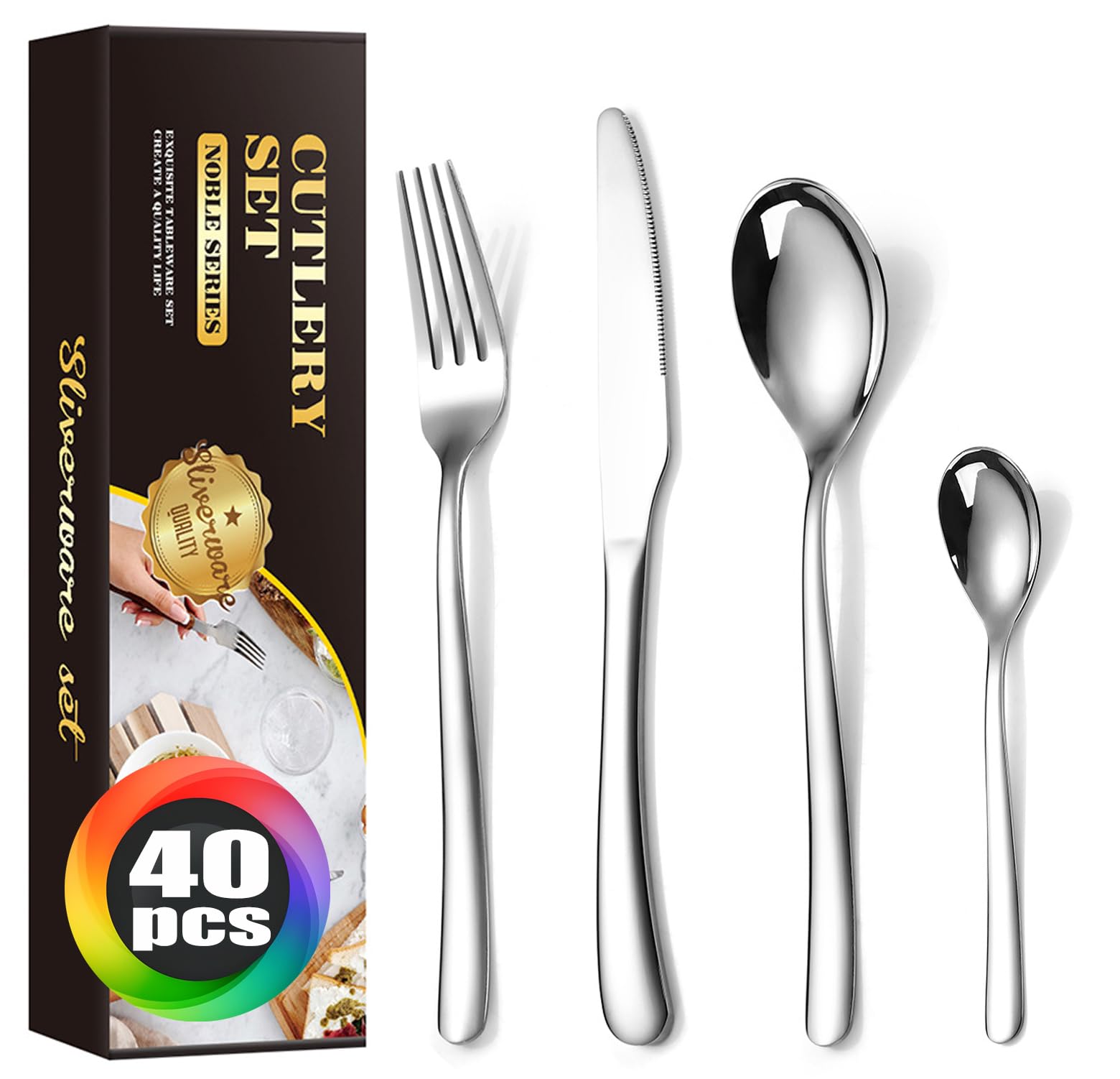 MURRI&MURRDI Stainless Steel Cutlery Set for 10 People, 40 Pieces Silverware Set. Mirror Polished Flatware Set with Spoon Knife Fork Teaspoon, Dishwasher Safe