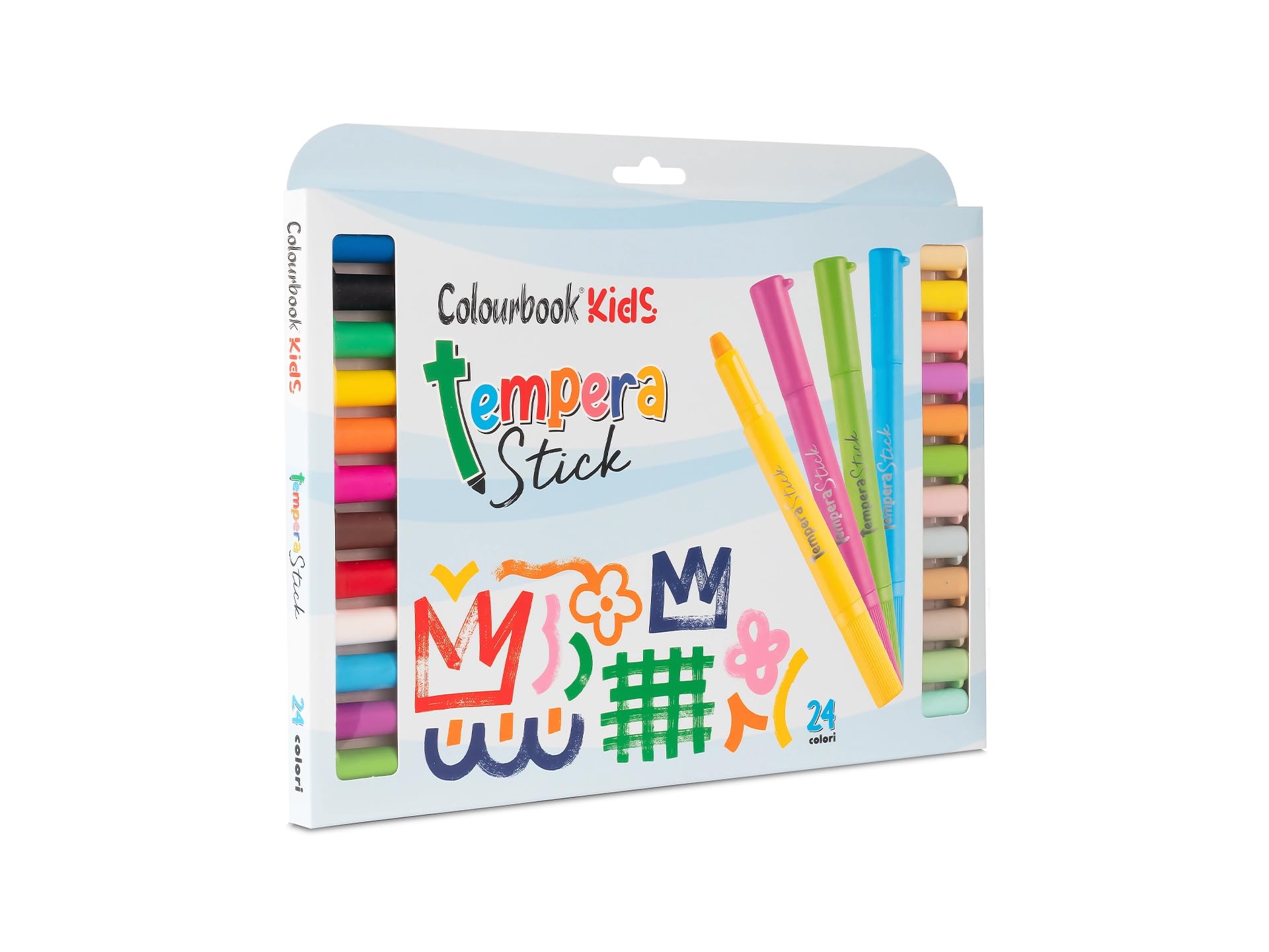 Colourbook Kids Set 24 Tempera Stick - Tempere Solide Lavabili per Bambini, Colori Vivaci Alta Coprenza, Asciugatura Rapida, Senza Solventi, Effetto Cera e Tempera