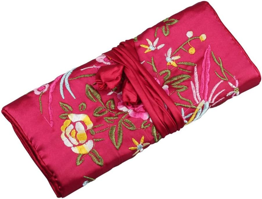 SOFEA Oriental Silk Jewellery Roll Wrap Jewelry Pouch Organizer Travel Storage Case, Hot Pink