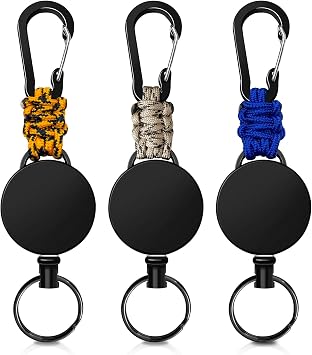 Retractable Keychain 3 Pack Heavy Duty Carabiner Badge Holder Extendable Reel ID Badge Holders Retractable for Keys Ring with 60 cm Steel Cord and Lanyard Blue+Beige+Mixed Orange