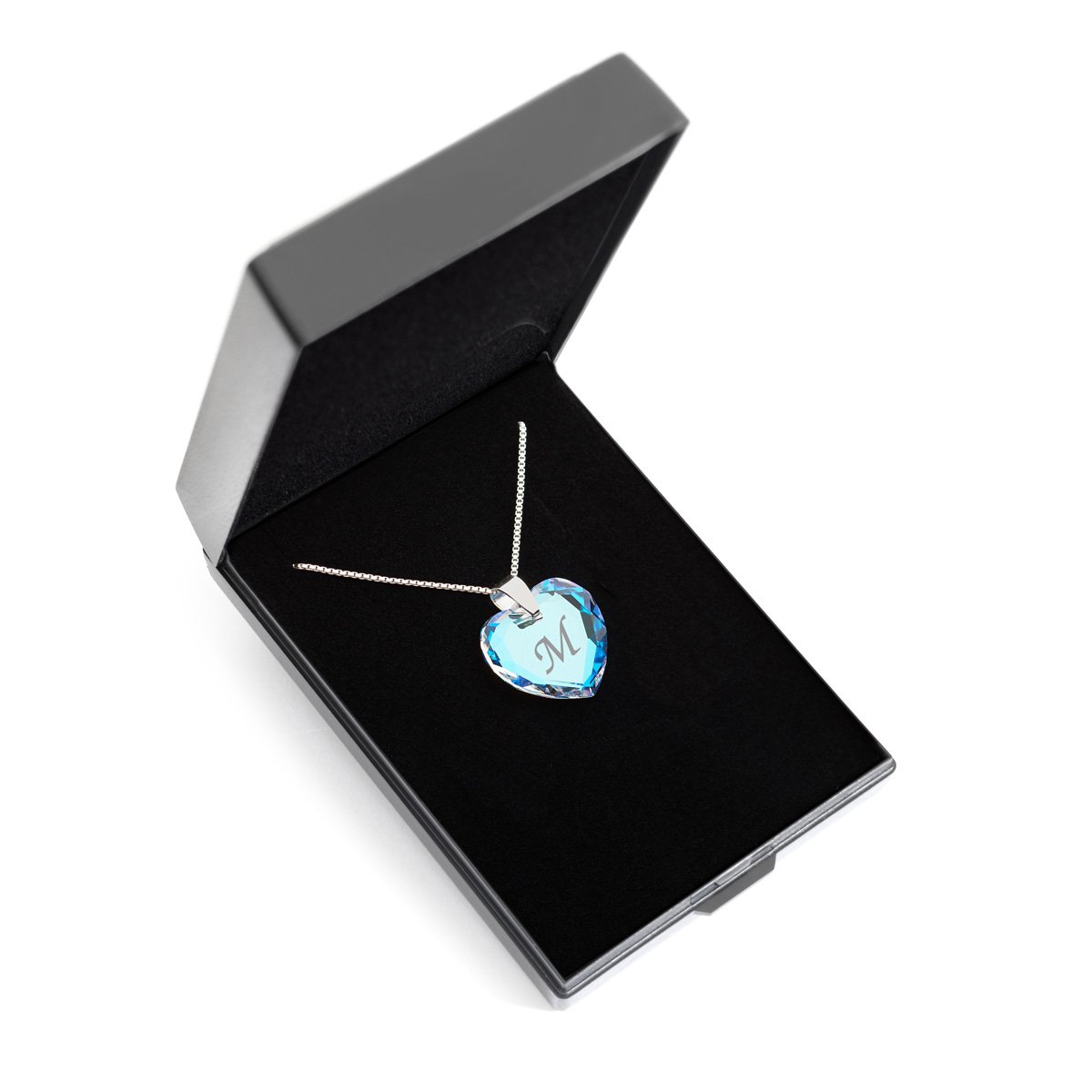 Kette 925 Silber mit Swarovski Elements Herzanhänger Farbe Blue AB und Gravur Buchstabe A - Z