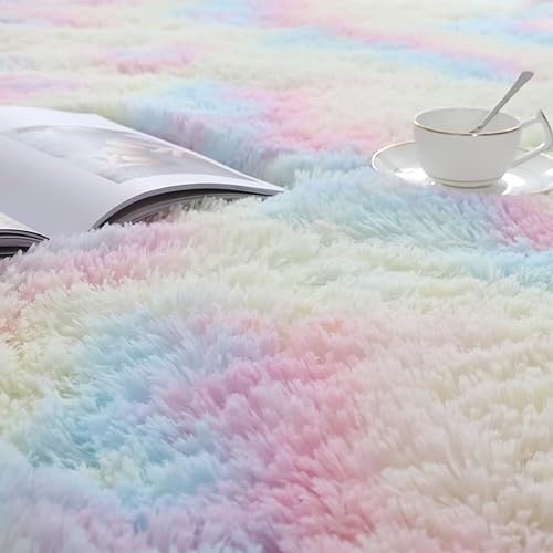 Miniatura 2 de Vafodo Alfombra esponjosa para dormitorio, alfombra peluda de 6 x 9 pies para niños, área de felpa suave para bebé, sala de estar de arcoíris teñido