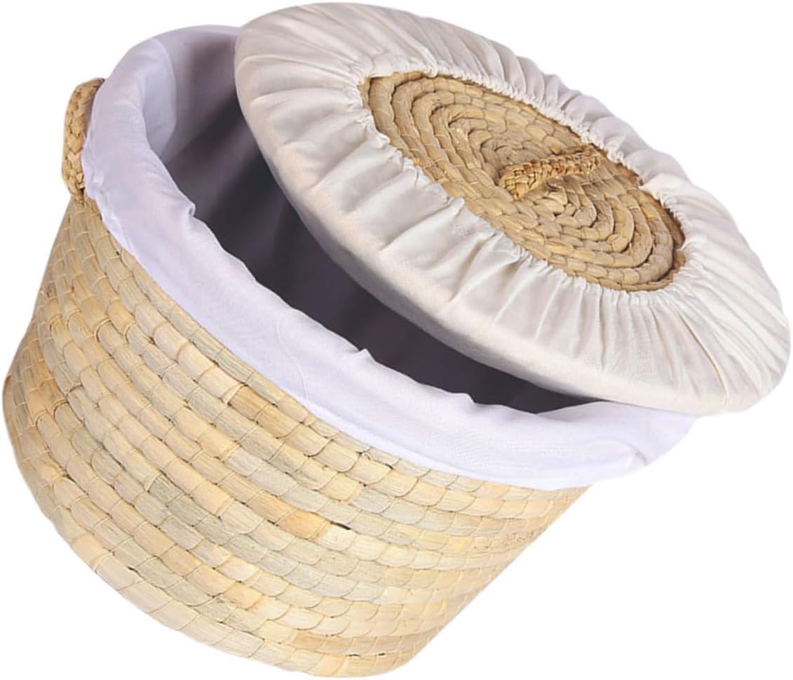 Woven Storage Bread Basket with Lid, 30cm round Straw Knit Basket for 8-10 Steamed Buns and Eggs, Kitchen Woven Holder for Food Storage and Serving