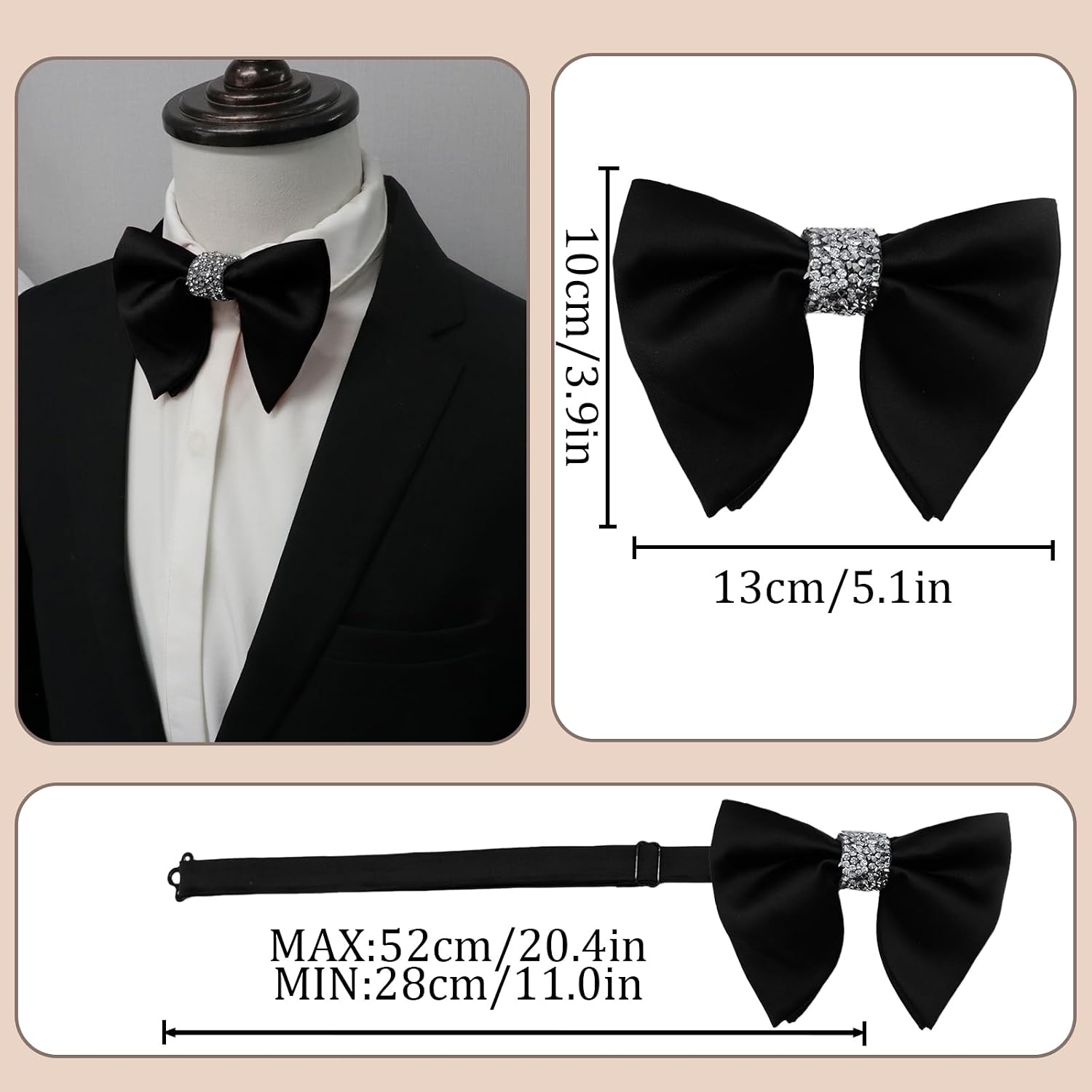 Shinny Big Bow Ties for Men Rhinestone Mens Bow Tie for Prom Party | Rhinestone Center Ornament, Pre-tied, Shinny, Buckle, 5.1" X 3.9", Solid Color, Oversized Bow, For Wedding Banquet Party