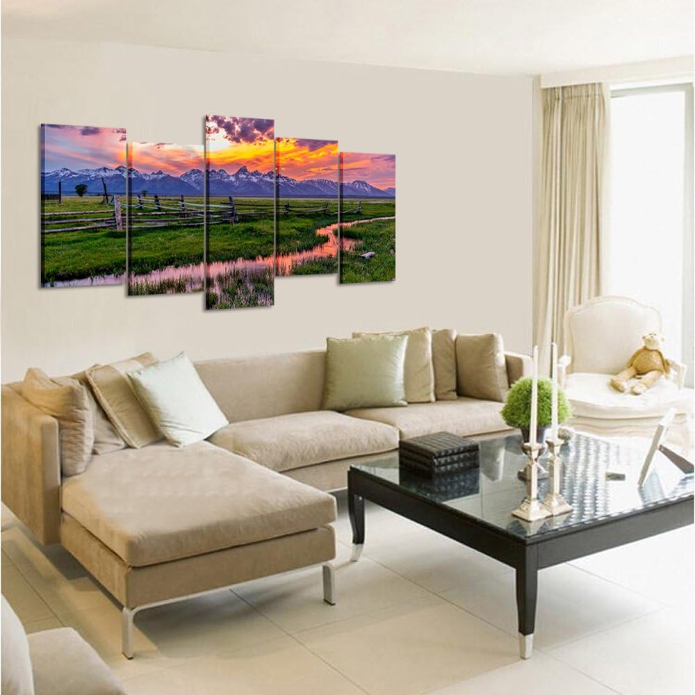 KREATIVE ARTS - 5 Pieces Grand Teton National Park USA Landscape Wall Art Canvas Print Sunset Nature Picture Modern Home Decor Stretched and Framed Ready to Hang (Large Size 60x32inch)