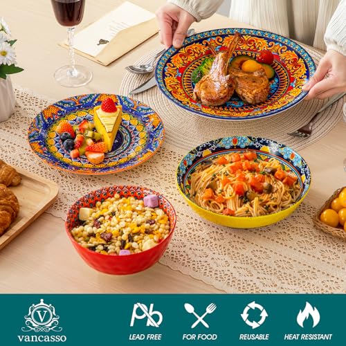 Image of vancasso 24 Pieces Plates and Bowls Set, Bohemian Style Dinnerware Sets Service for 6, Porcelain Boho Dishes Set for Kitchen, Housewaring Gift, Dishwasher and Microwave Safe, Series KRVI