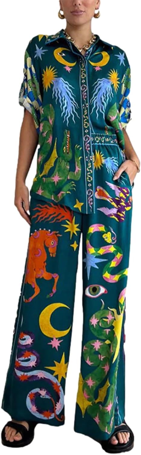 Peaceglad Women's Summer Print Two Piece Pajama Set Short Sleeve Button Down Tops Drawstring Long Pants Sleepwear Sets